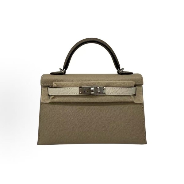 HERMES Mini Kelly II 19 Silver buckle Kelly Bag single-shoulder crossbody handbag 19 Women\'s windbreaker Grey, cream white and elephant grey